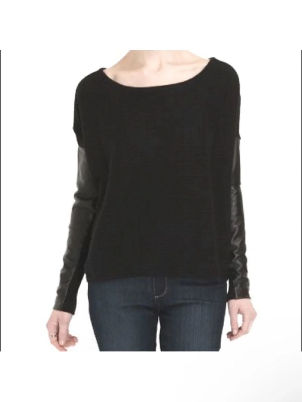 PJK PATTERSON J KINCAID Leather Sleeve Pullover Sweater